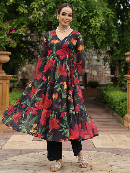 Women's Floral Tiered Angrakha Kurta Set