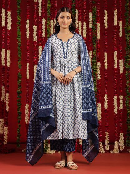 Women's White & ̌Indigo Blue Printed Cotton Suit Set