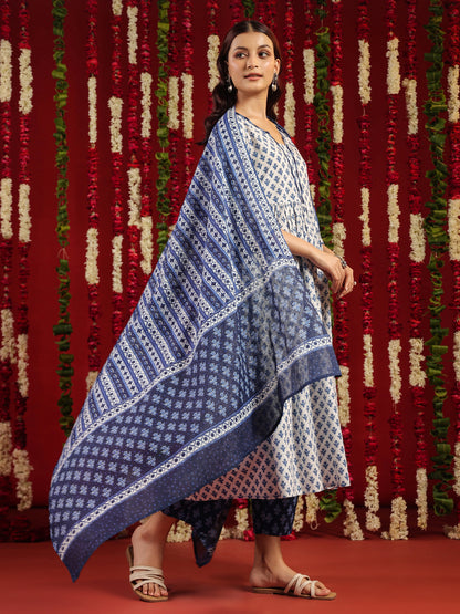 Women's White & ̌Indigo Blue Printed Cotton Suit Set