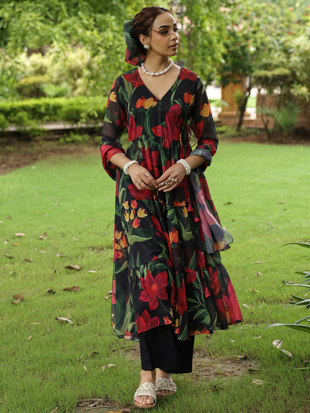 Women's Floral Tiered Angrakha Kurta Set