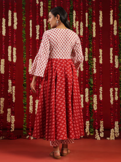 Women's Red & White Printed Cotton Suit Set