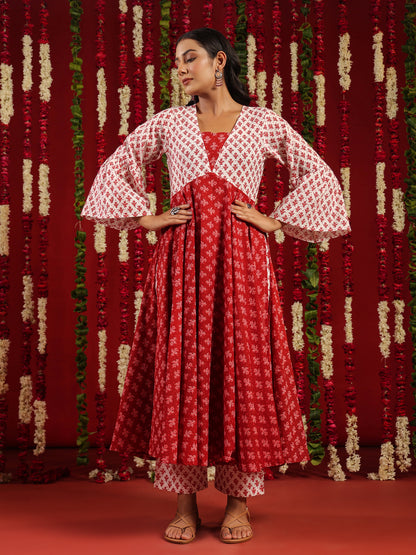Women's Red & White Printed Cotton Suit Set