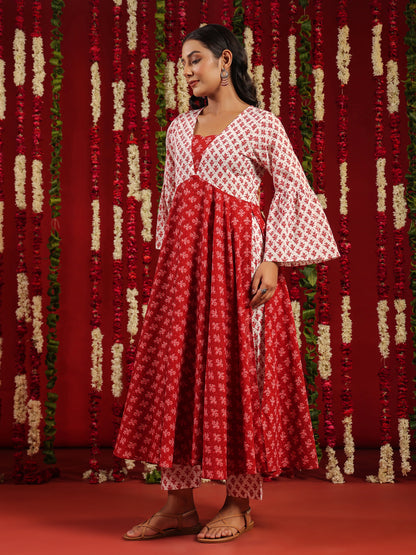 Women's Red & White Printed Cotton Suit Set