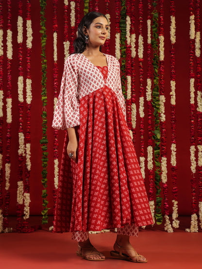 Women's Red & White Printed Cotton Suit Set