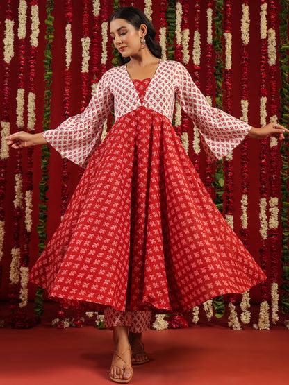 Women's Red & White Printed Cotton Suit Set