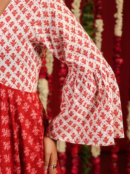 Women's Red & White Printed Cotton Suit Set