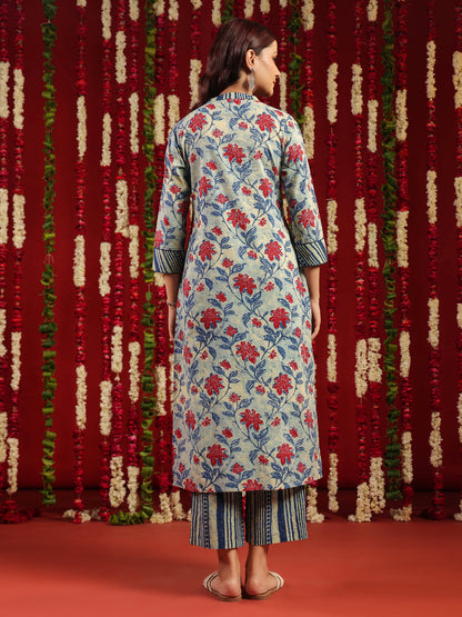 Women's Blue Cotton Kurta Set with Printed Dupatta