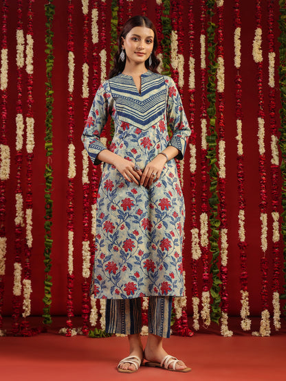 Women's Blue Cotton Kurta Set with Printed Dupatta