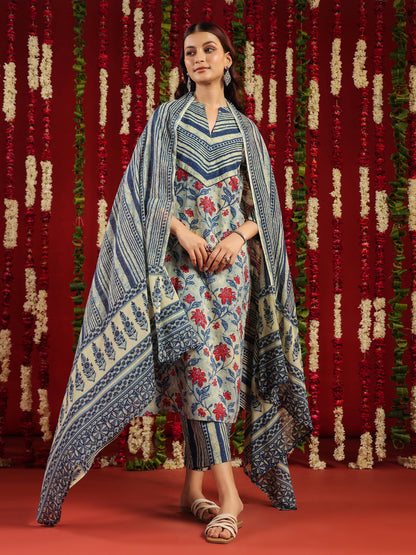 Women's Blue Cotton Kurta Set with Printed Dupatta