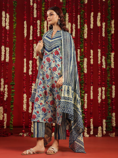 Women's Blue Cotton Kurta Set with Printed Dupatta