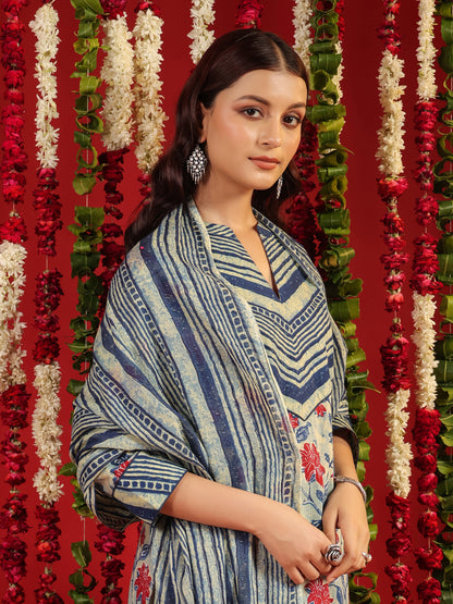 Women's Blue Cotton Kurta Set with Printed Dupatta