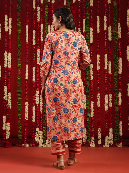 Women's Red Cotton Kurta Set with Printed Dupatta