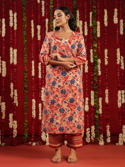 Women's Red Cotton Kurta Set with Printed Dupatta