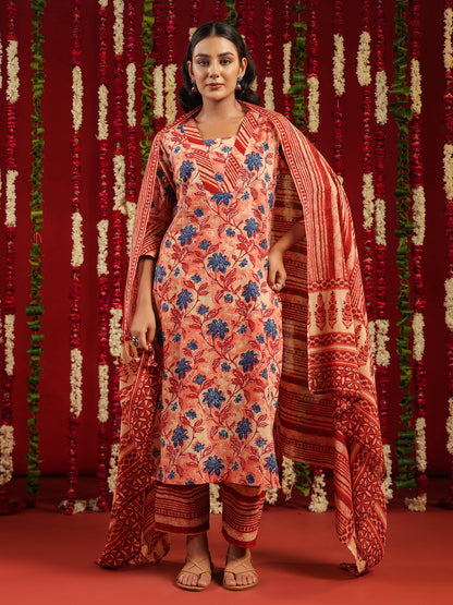 Women's Red Cotton Kurta Set with Printed Dupatta