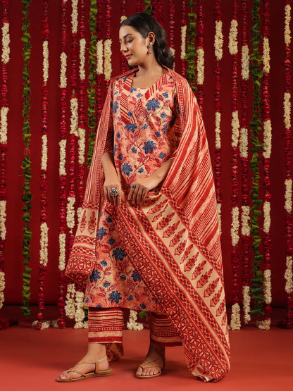 Women's Red Cotton Kurta Set with Printed Dupatta