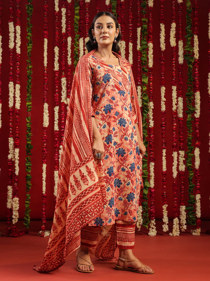 Women's Red Cotton Kurta Set with Printed Dupatta