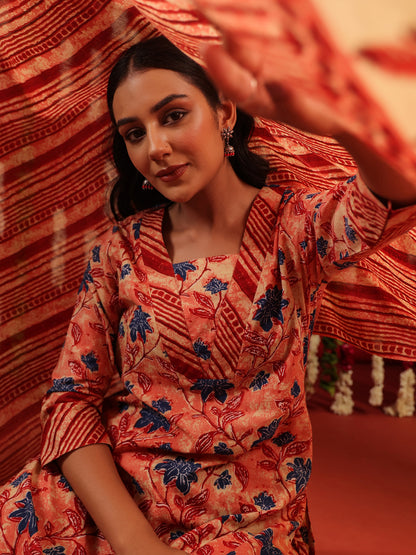 Women's Red Cotton Kurta Set with Printed Dupatta