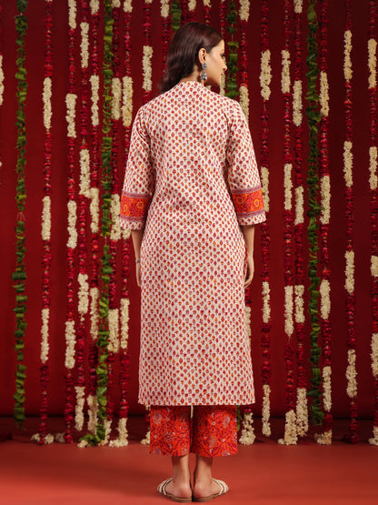 Women's Orange & White Printed Cotton Suit Set