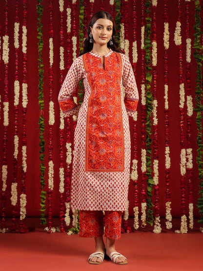 Women's Orange & White Printed Cotton Suit Set