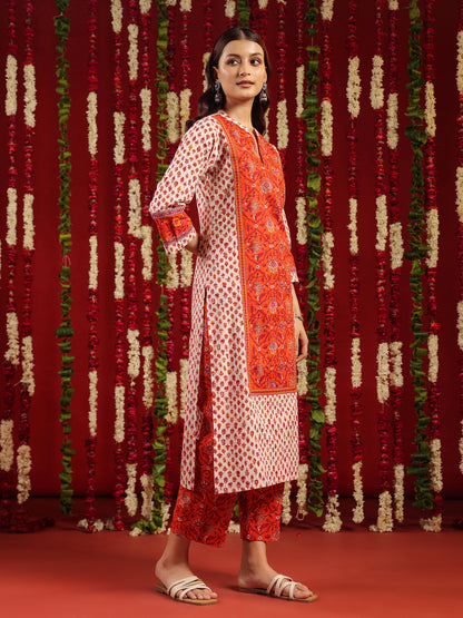 Women's Orange & White Printed Cotton Suit Set