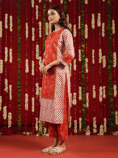 Women's Orange & White Printed Cotton Suit Set