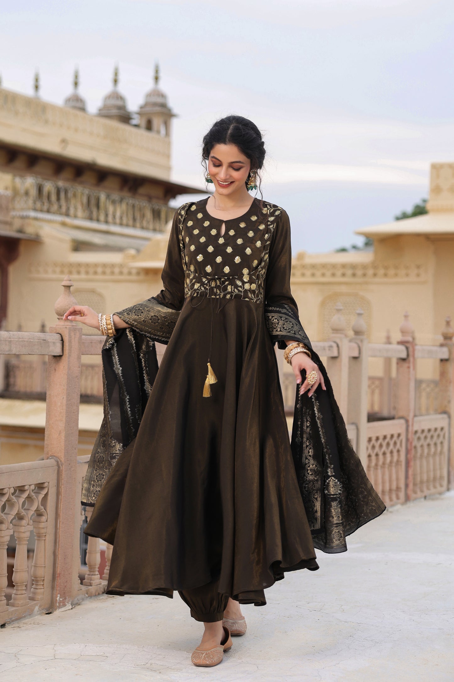 Women's Embroidered Black Anarkali Kurta Set