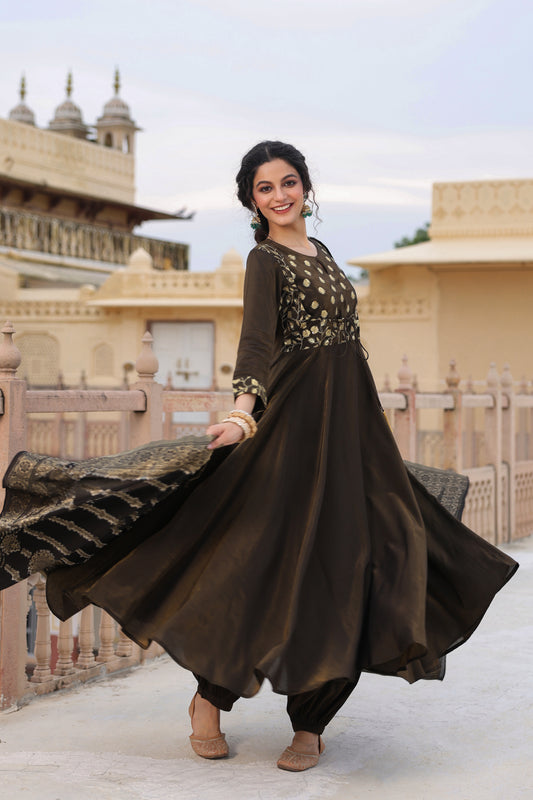 Women's Embroidered Black Anarkali Kurta Set