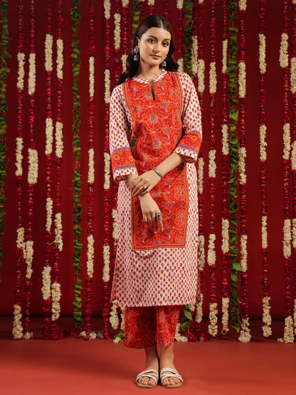 Women's Orange & White Printed Cotton Suit Set