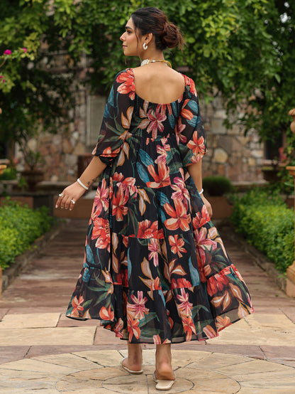Women's Long Floral Dress With Balloon Sleeves