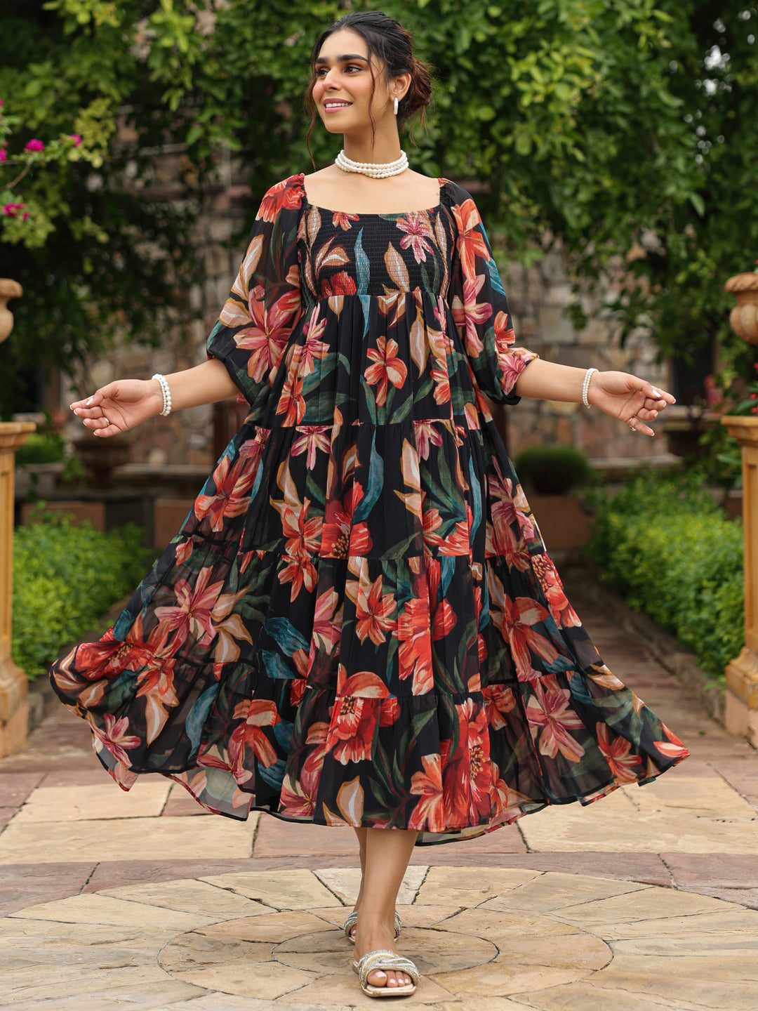 Women's Long Floral Dress With Balloon Sleeves