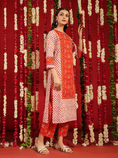 Women's Orange & White Printed Cotton Suit Set