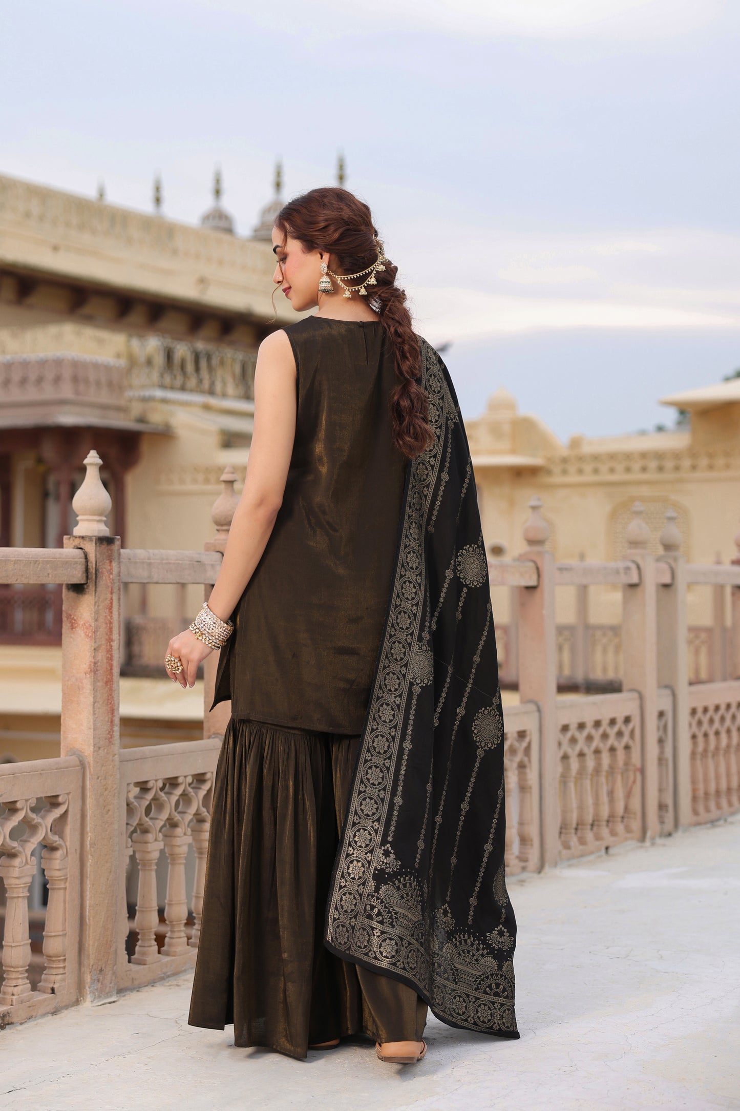Women's Black Embroidered Sharara Set