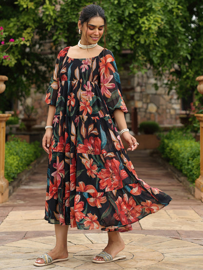 Women's Long Floral Dress With Balloon Sleeves