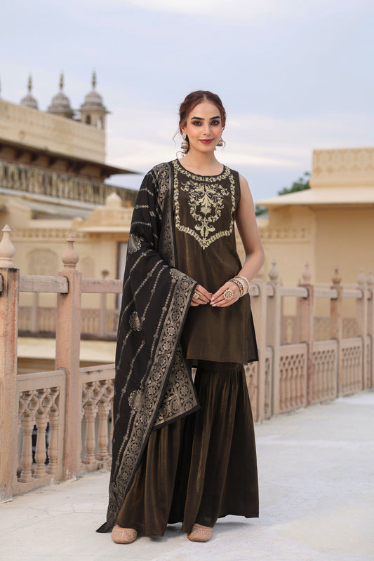 Women's Black Embroidered Sharara Set