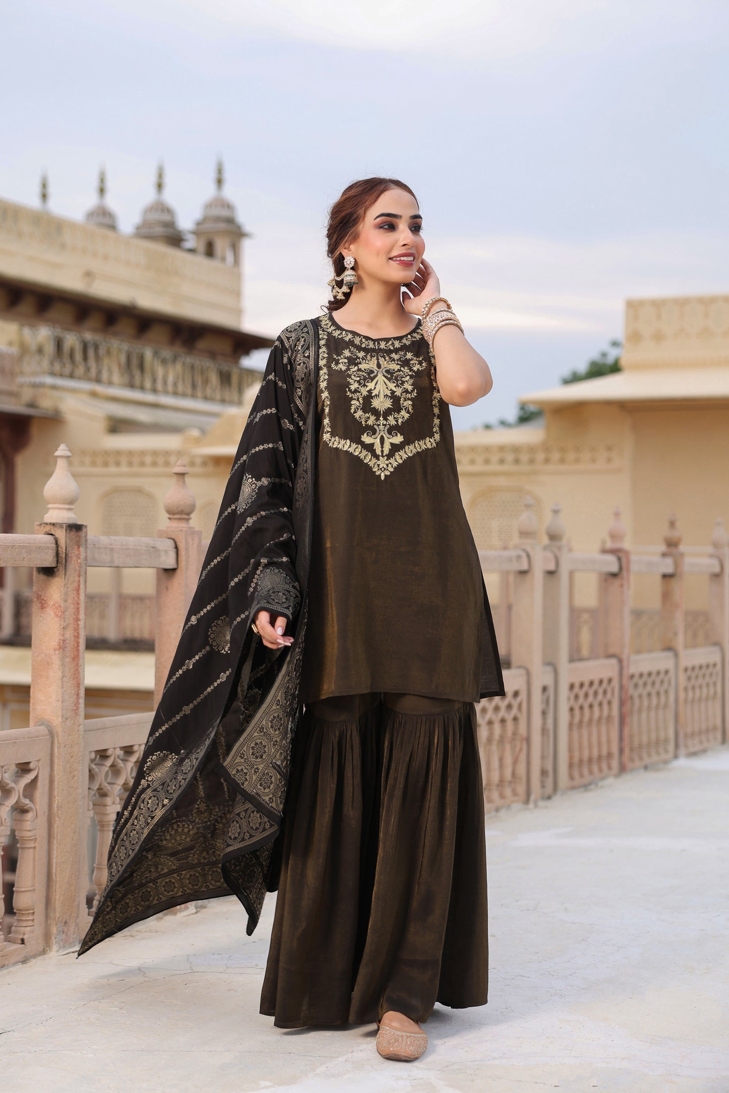 Women's Black Embroidered Sharara Set