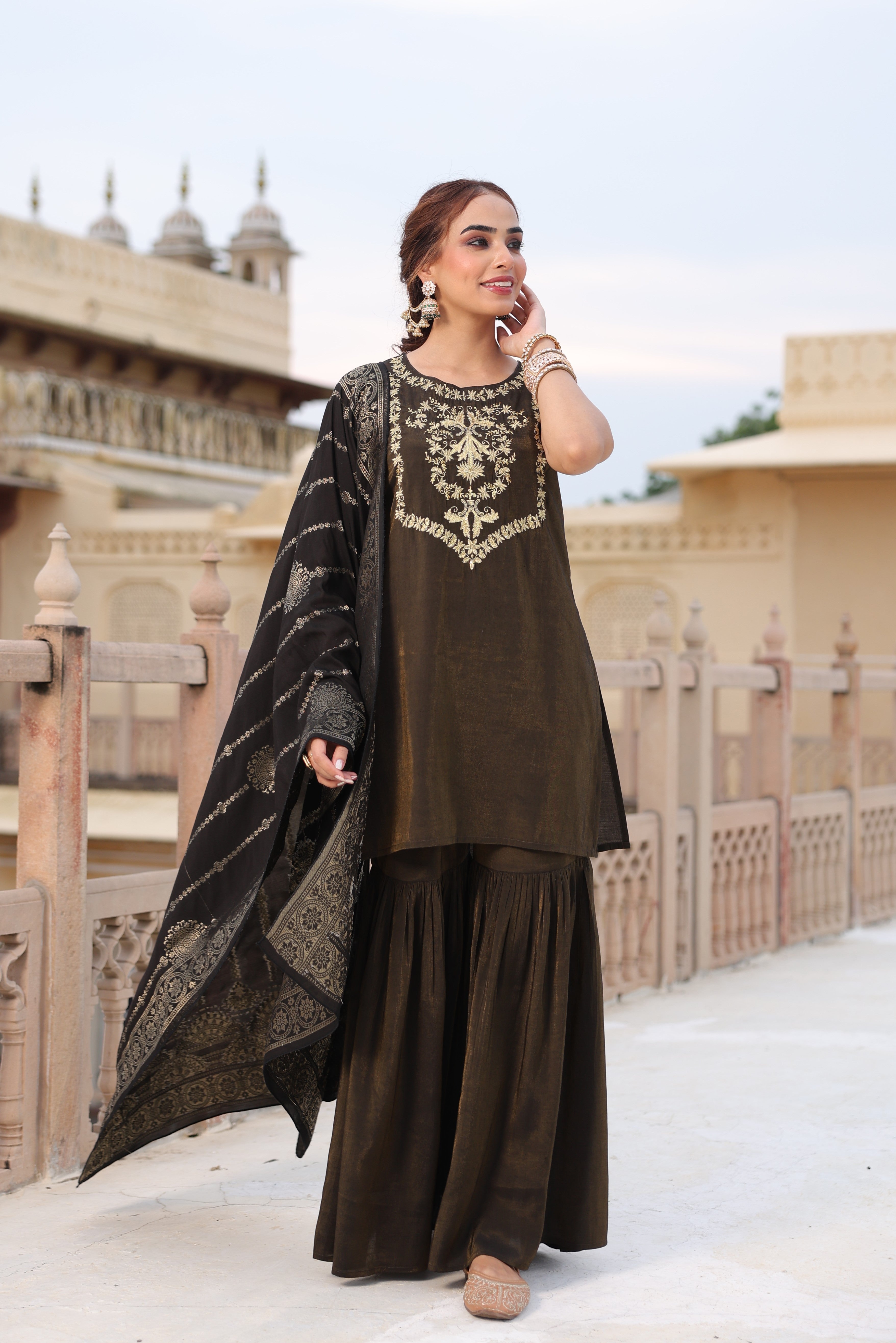 Women's Black Embroidered Sharara Set