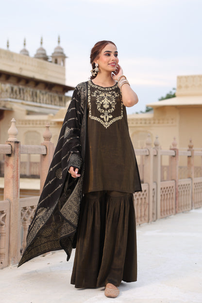 Women's Black Embroidered Sharara Set