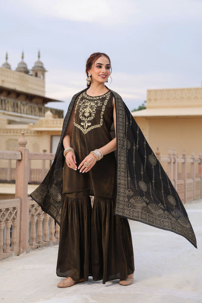 Women's Black Embroidered Sharara Set
