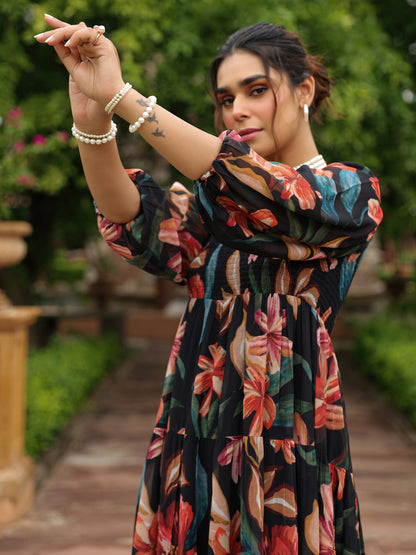 Women's Long Floral Dress With Balloon Sleeves