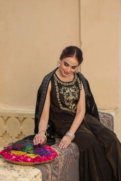 Women's Black Embroidered Sharara Set