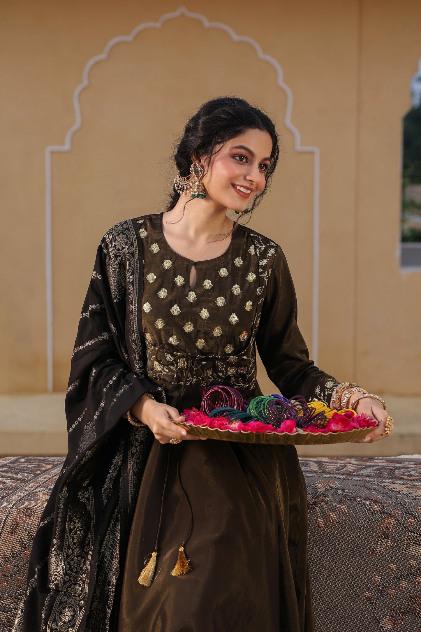 Women's Embroidered Black Anarkali Kurta Set