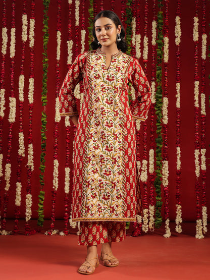 Women's Red Printed Cotton Suit Set
