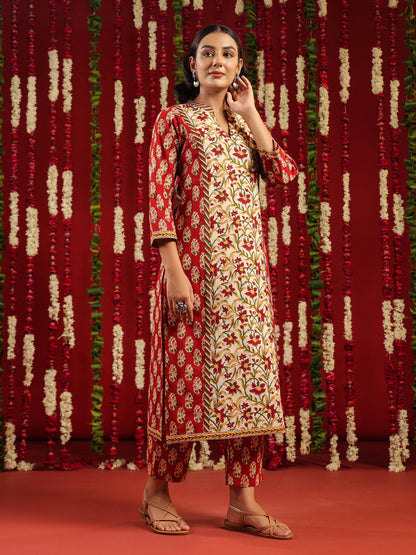 Women's Red Printed Cotton Suit Set