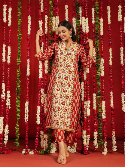Women's Red Printed Cotton Suit Set
