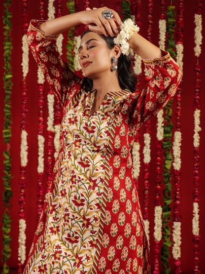 Women's Red Printed Cotton Suit Set