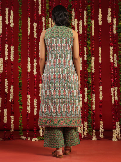 Women's Green Printed Cotton Suit Set