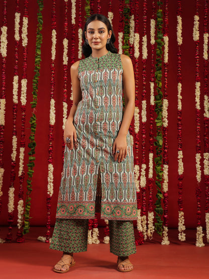 Women's Green Printed Cotton Suit Set