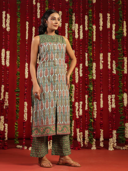 Women's Green Printed Cotton Suit Set