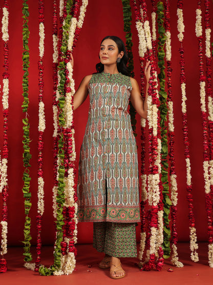 Women's Green Printed Cotton Suit Set