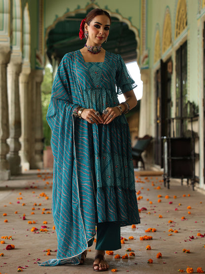 Women's Dual Printed Tiered Anarkali Kurta Set